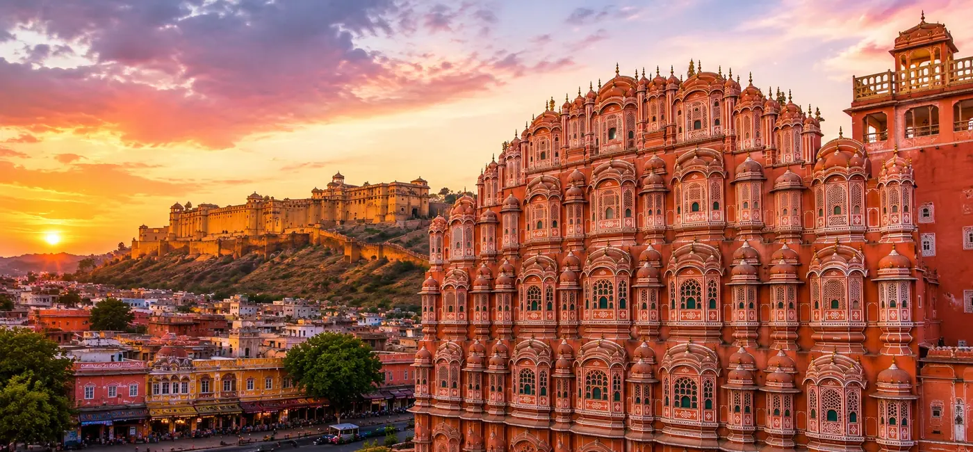 Hawa Mahal and historic Jaipur cityscape at sunset in Rajasthan, India