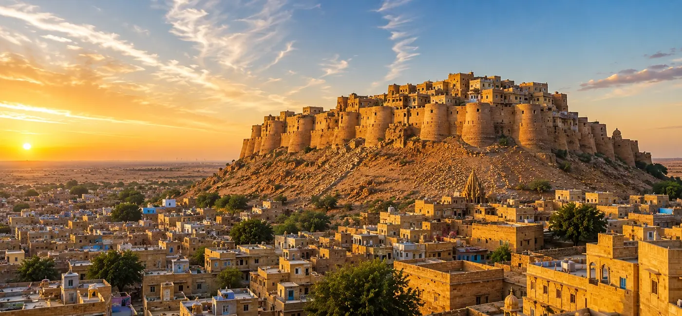 Hawa Mahal and historic Jaipur cityscape at sunset in Rajasthan, India