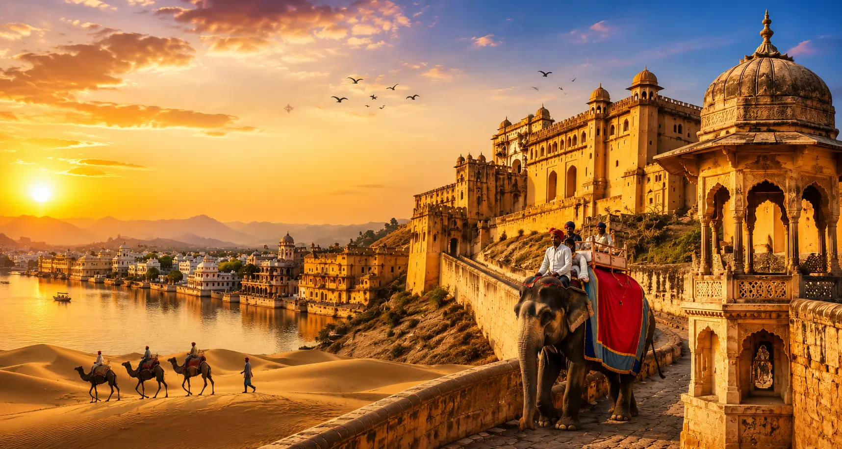 Hawa Mahal and historic Jaipur cityscape at sunset in Rajasthan, India