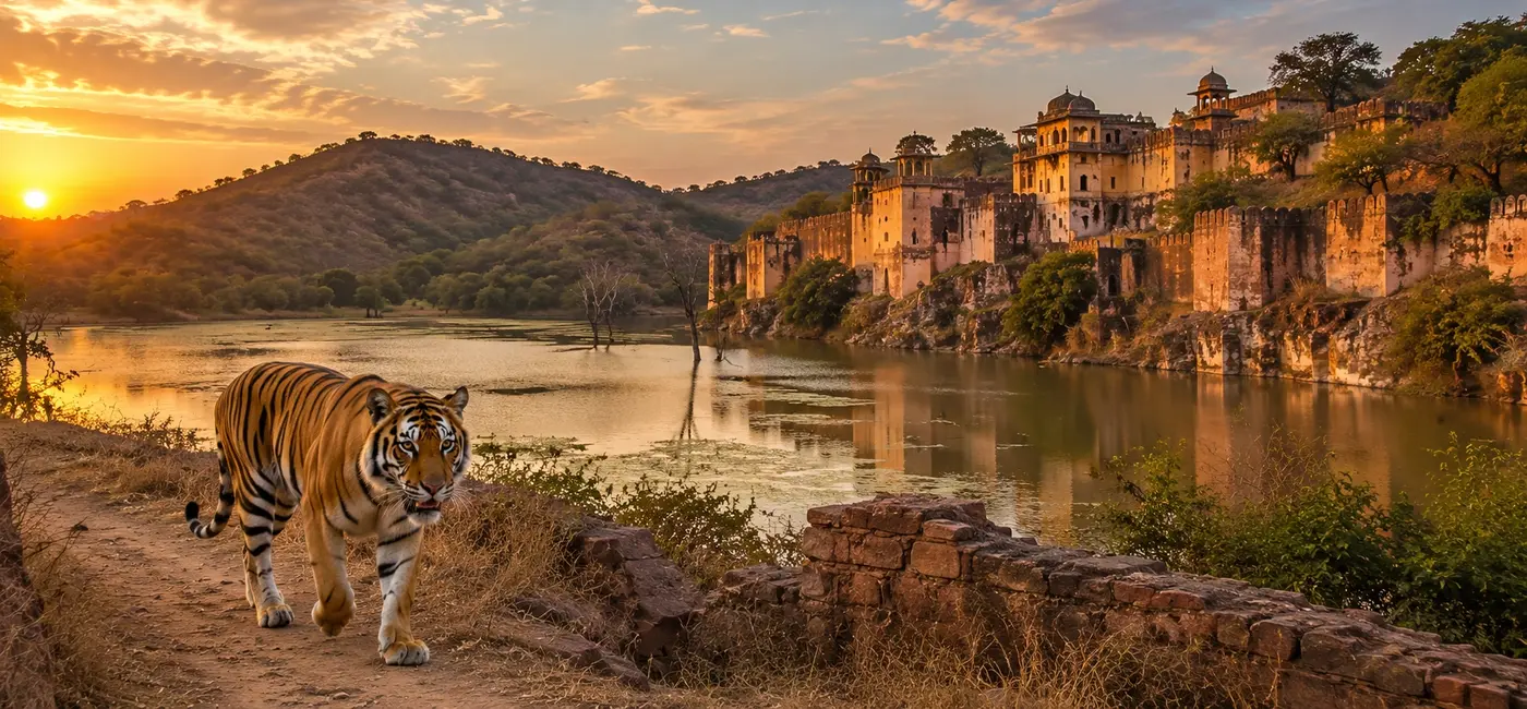 Hawa Mahal and historic Jaipur cityscape at sunset in Rajasthan, India