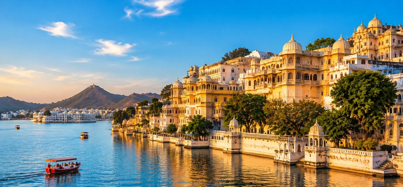 Hawa Mahal and historic Jaipur cityscape at sunset in Rajasthan, India