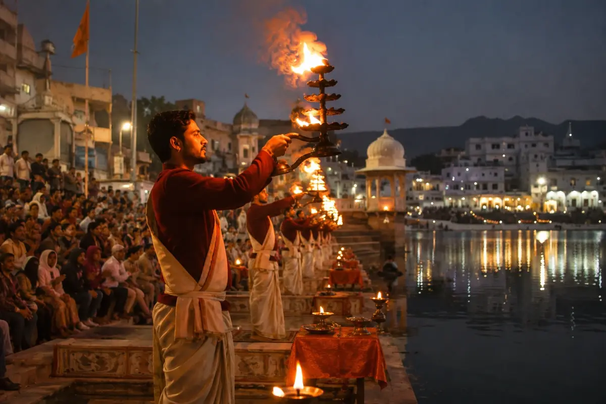 Priests performing the evening Aarti ceremony at Pushkar Lake with devotees gathered along the illuminated ghats.