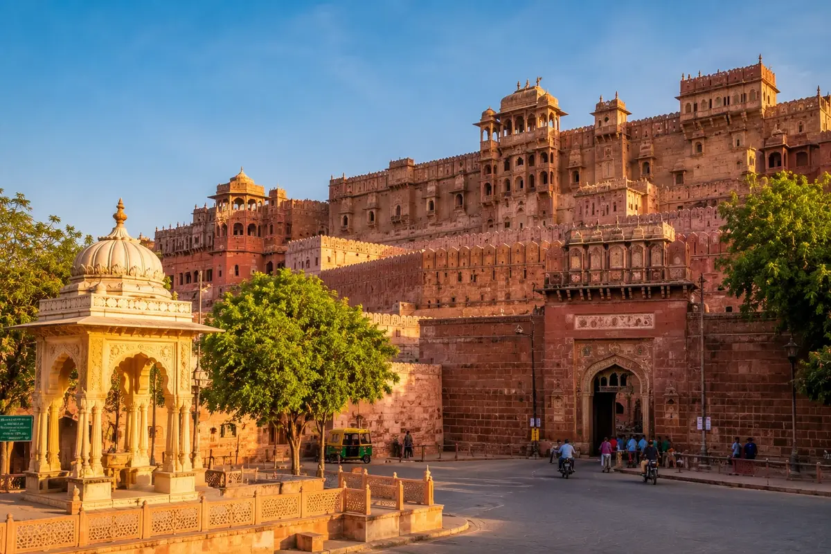 Junagarh Fort in Bikaner Rajasthan illuminated by warm evening light