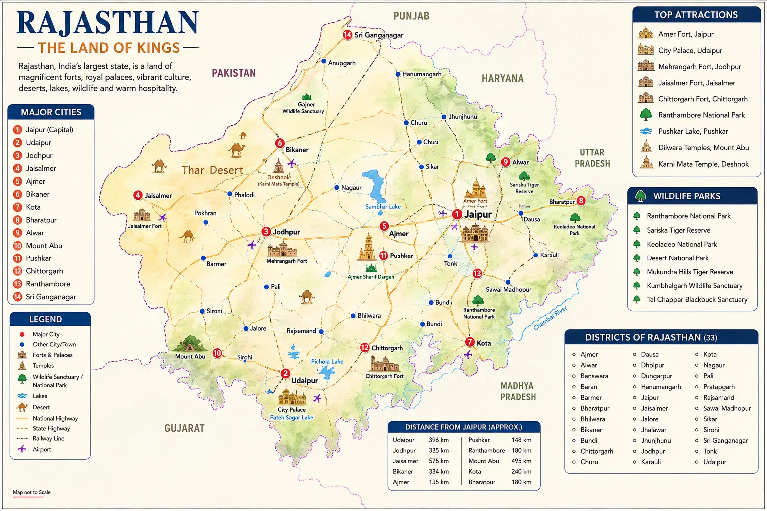 Complete Rajasthan tourist map showing major cities, tourist attractions, wildlife parks, forts, temples, and travel routes across Rajasthan, India.