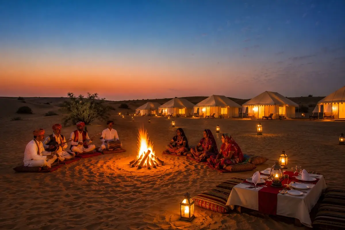 Luxury desert camp in Jaisalmer with traditional folk music, bonfire, and illuminated tents under the evening sky.