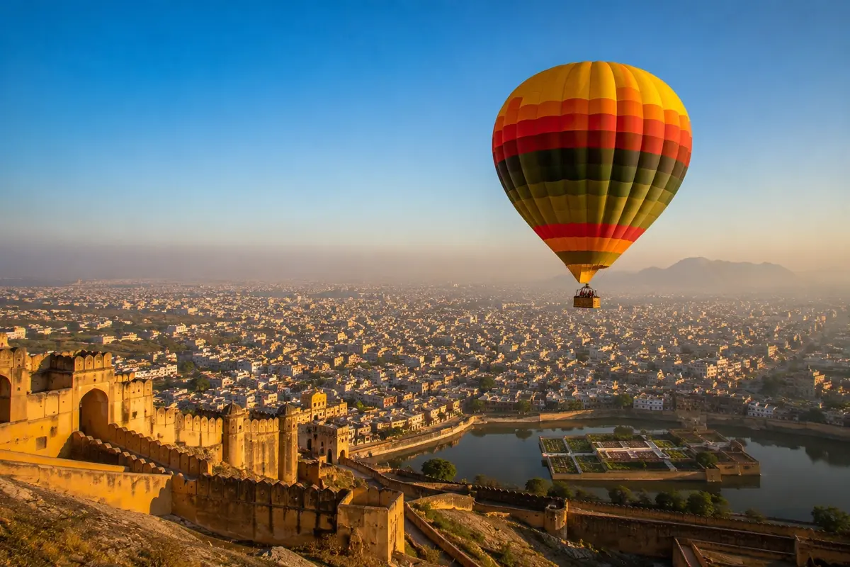 Hot air balloon floating above Jaipur's historic forts, lakes, and cityscape during a scenic sunrise flight.