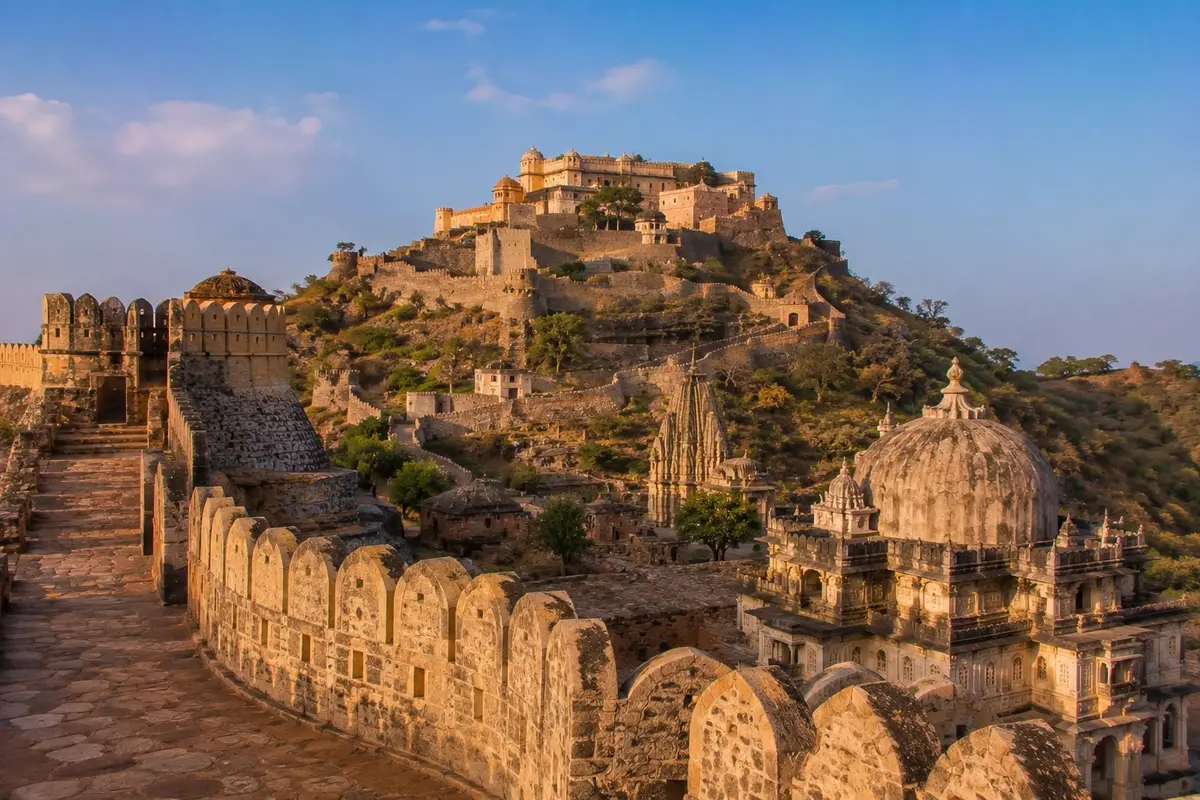 Scenic view of Kumbhalgarh Fort perched atop the Aravalli Hills, featuring massive defensive walls, ancient temples, and historic Rajput architecture illuminated by golden-hour light.