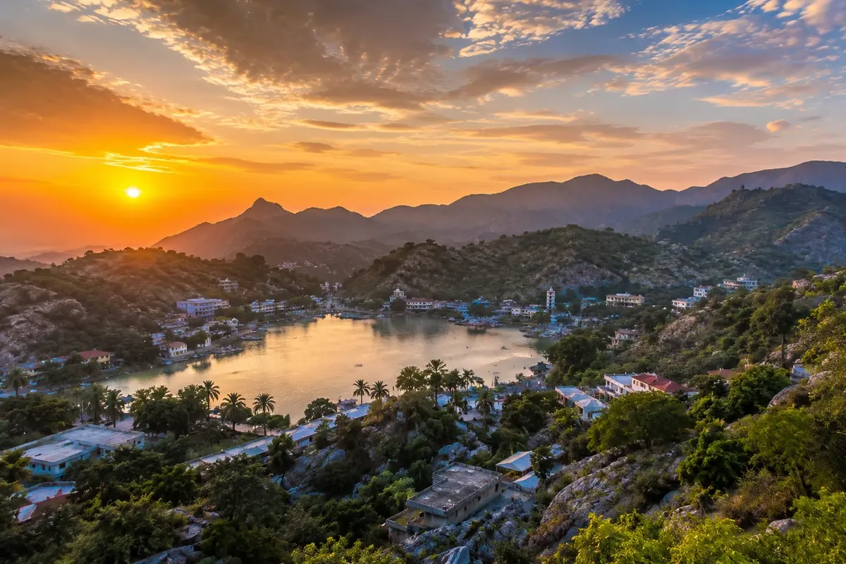Nakki Lake and Aravalli Hills in Mount Abu Rajasthan at sunset