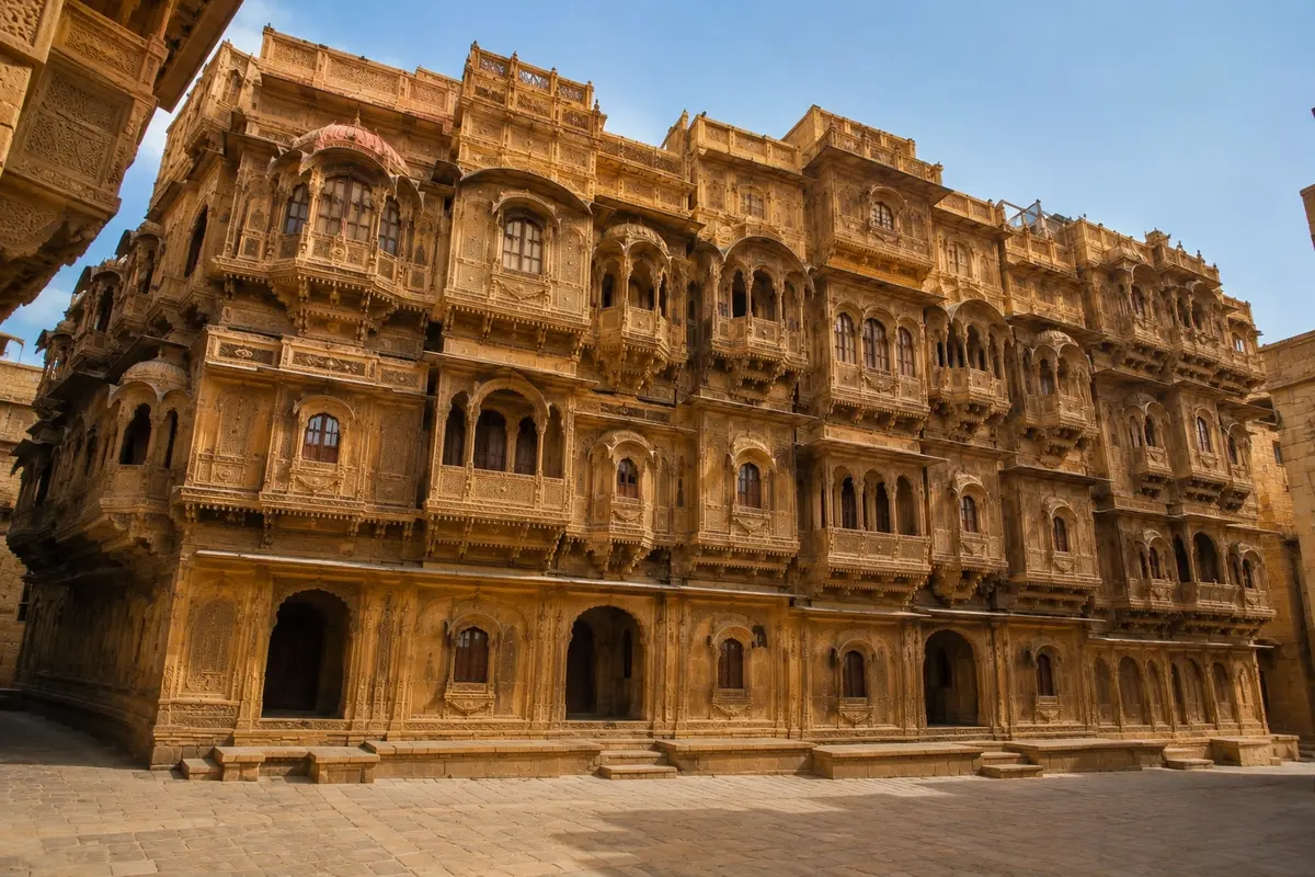 Wide-angle view of Patwon Ki Haveli in Jaisalmer featuring intricately carved sandstone façades, ornate jharokha balconies, and traditional Rajasthani architecture under clear daylight.