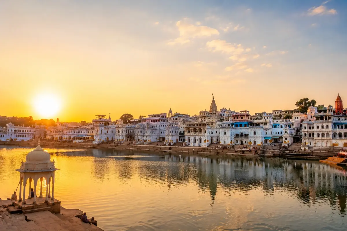 Pushkar Lake and ghats at sunset in Pushkar Rajasthan