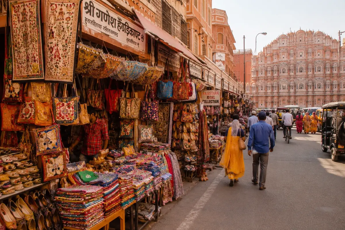 Colorful shopping market in Jaipur featuring traditional textiles, handicrafts, souvenirs, and historic Pink City architecture.