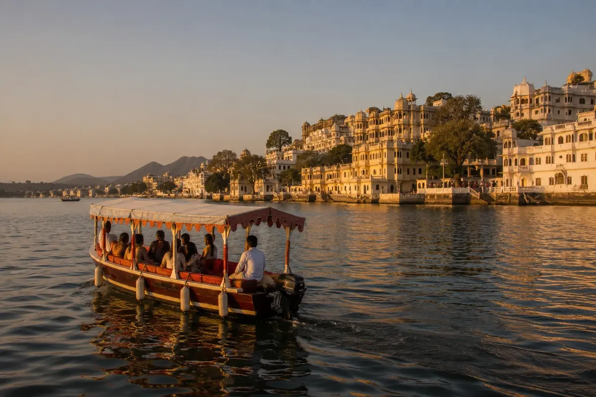 Tourists enjoying a scenic boat ride on Lake Pichola with historic palaces and waterfront architecture in Udaipur.