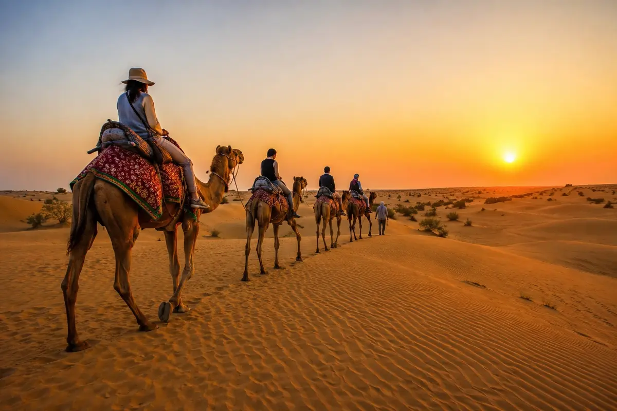 Camel safari in Jaisalmer crossing the golden sand dunes of the Thar Desert during a stunning sunset.