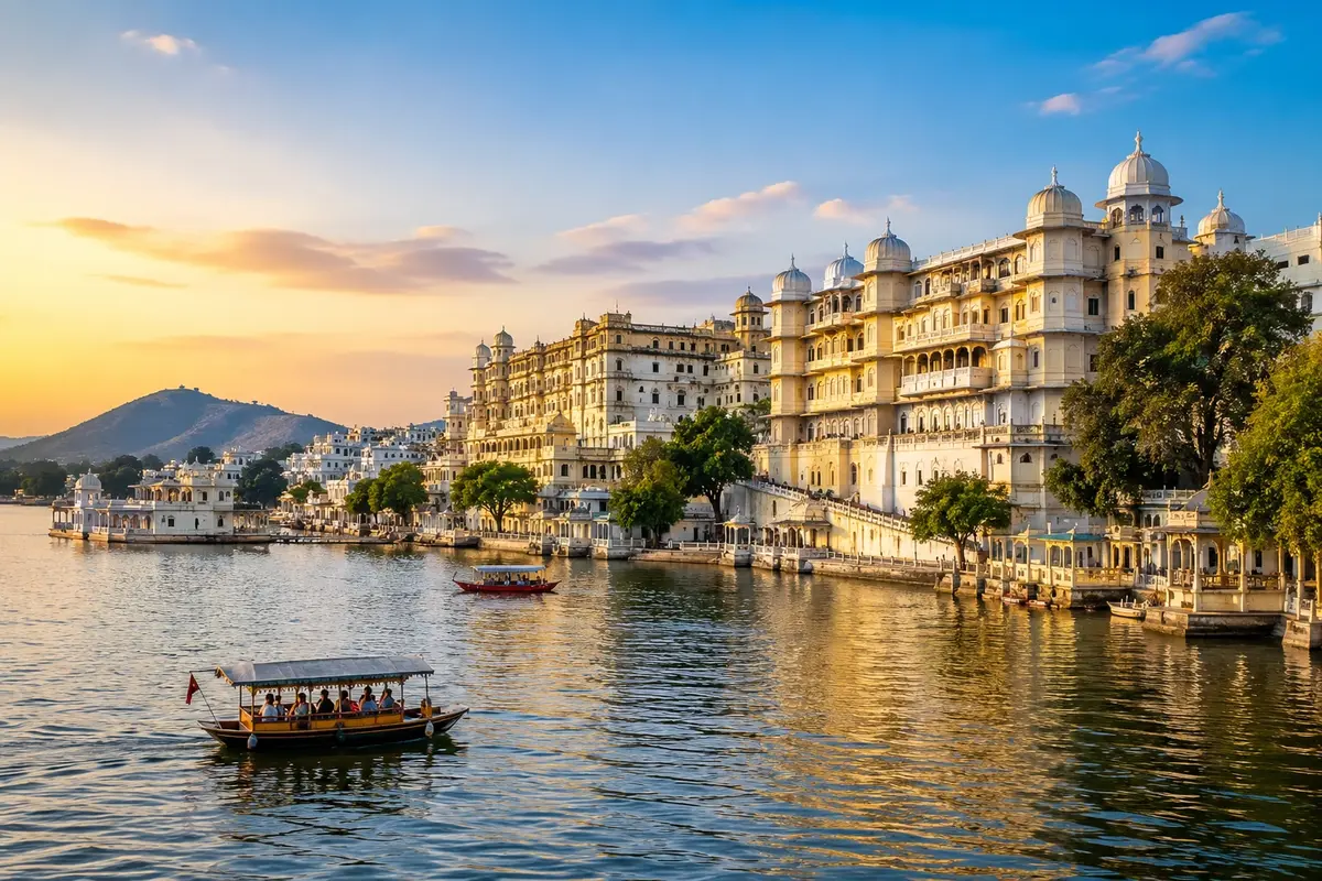 Udaipur City Palace overlooking Lake Pichola at sunset with traditional boats sailing on the water in Rajasthan, India.