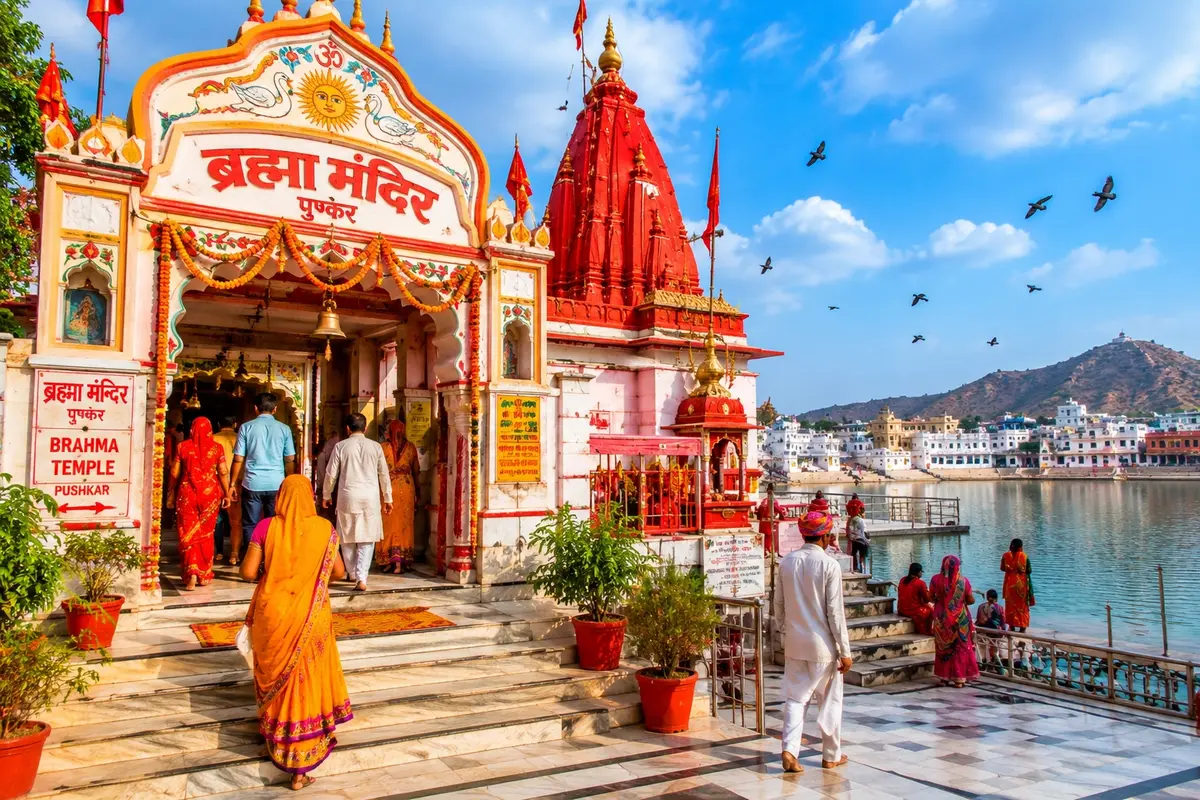 Brahma Temple and Pushkar Lake in Rajasthan with devotees visiting one of India's most sacred Hindu pilgrimage sites.